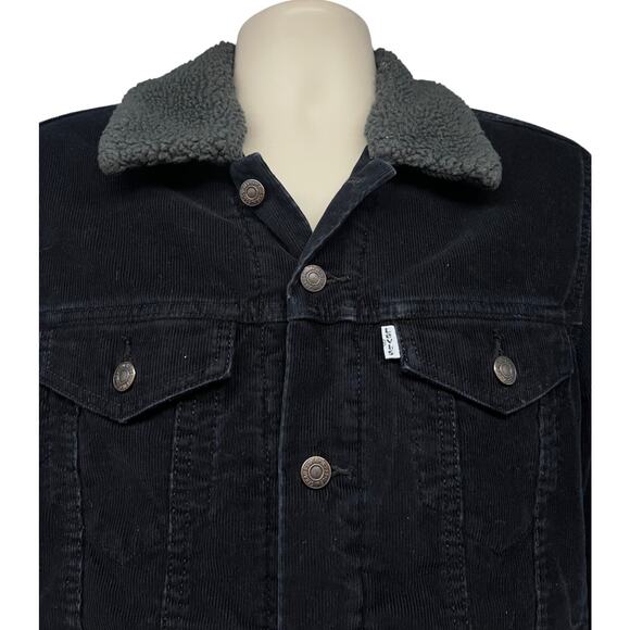 Levis Black Corduroy Button Up Trucker Jacket Small Sherpa Lined Flap Pockets - Picture 5 of 9